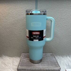 $36 🌙 Thermos 40 oz Stainless Steel Cup Holder Mug w/ Straw NEW Teal Blue